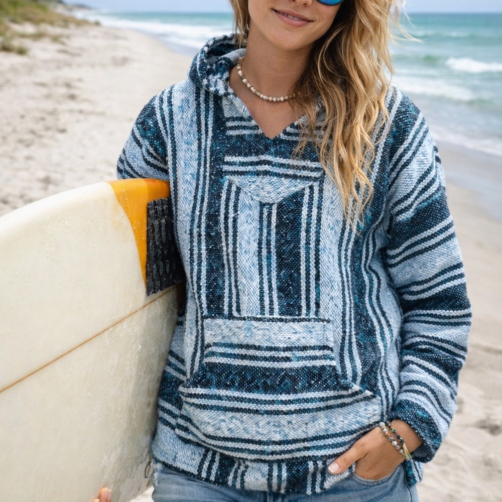 Blue and teal Iguana Jack Baja style Mexican blanket hoodie